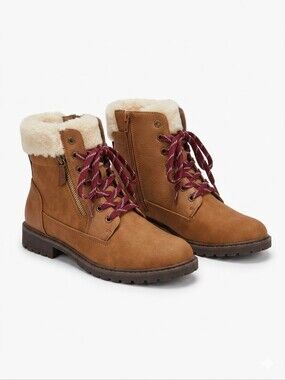 Tan Faux-Shearling Lace-Up Boots